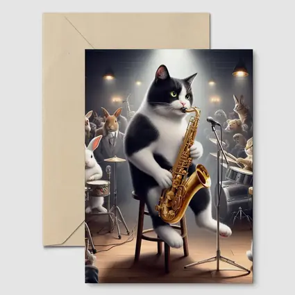 Tuxedo Cat Playing Saxophone Jazz Concert