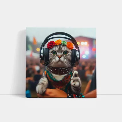 Festival Cat With Headphones And Flowers