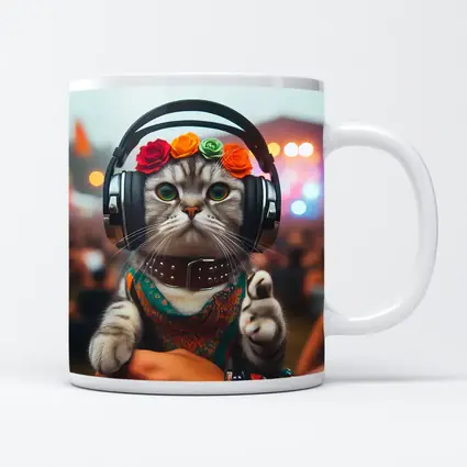 Festival Cat With Headphones And Flowers