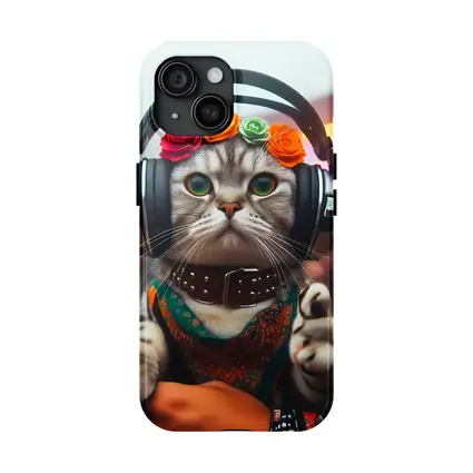 Festival Cat With Headphones And Flowers