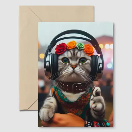 Festival Cat With Headphones And Flowers