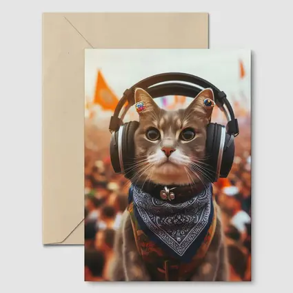 Cool Cat With Headphones At Music Festival