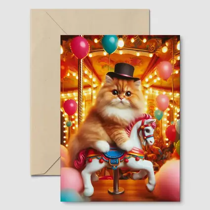 Persian Cat Riding Carousel Colorful Balloons