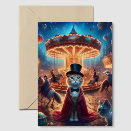 Cat Magician At Glowing Carnival Carousel Night