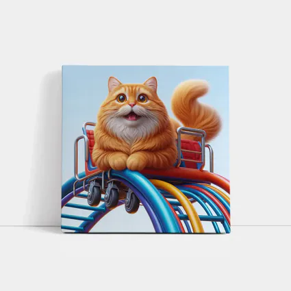 Orange Cat Riding Roller Coaster Cartoon Art
