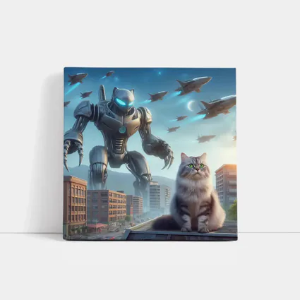 Cat Robot Warrior Futuristic City Skyline