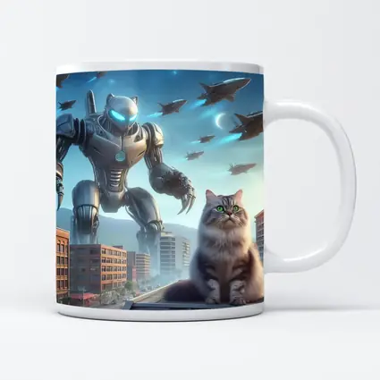 Cat Robot Warrior Futuristic City Skyline