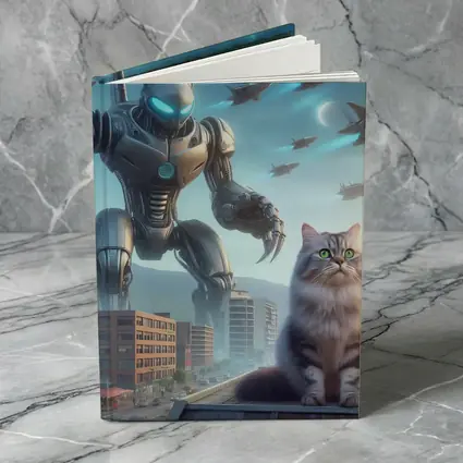 Cat Robot Warrior Futuristic City Skyline