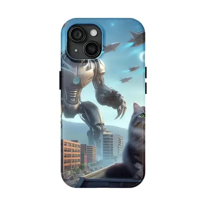 Cat Robot Warrior Futuristic City Skyline