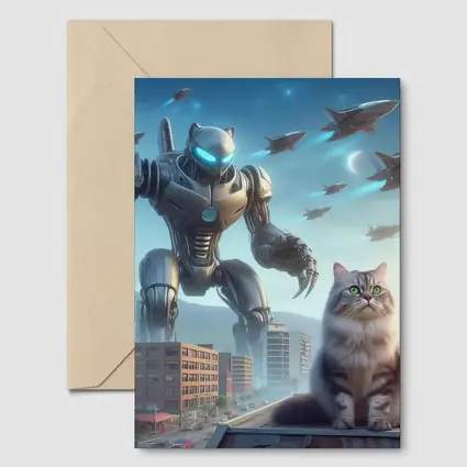 Cat Robot Warrior Futuristic City Skyline