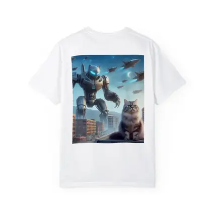 Cat Robot Warrior Futuristic City Skyline