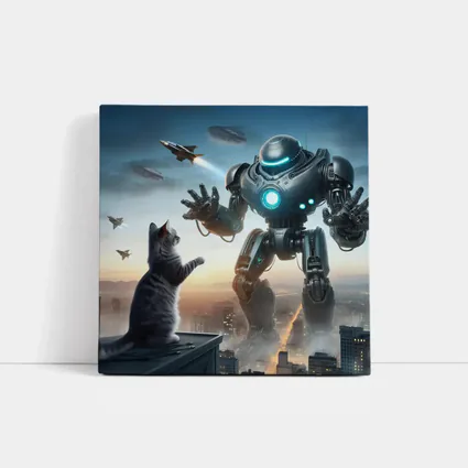 Giant Robot Cat Rooftop Futuristic City