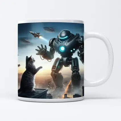 Giant Robot Cat Rooftop Futuristic City