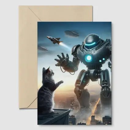 Giant Robot Cat Rooftop Futuristic City