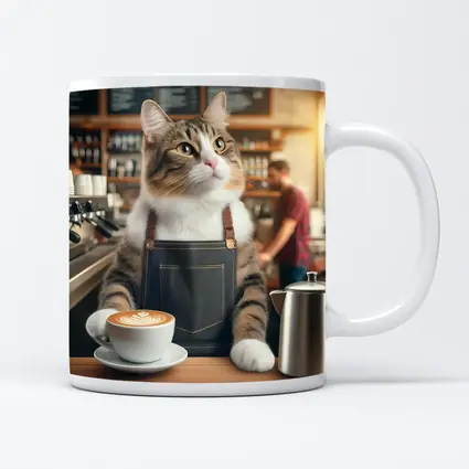 Tabby Cat Barista Working Coffee Shop
