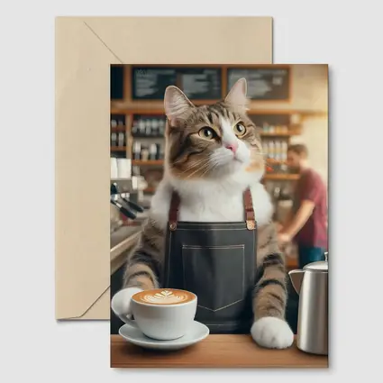 Tabby Cat Barista Working Coffee Shop