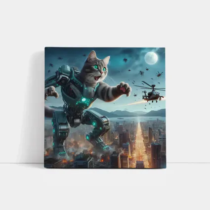Giant Robot Cat Attacking Futuristic City Night