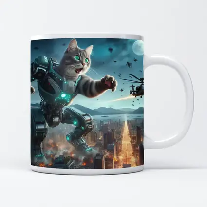 Giant Robot Cat Attacking Futuristic City Night