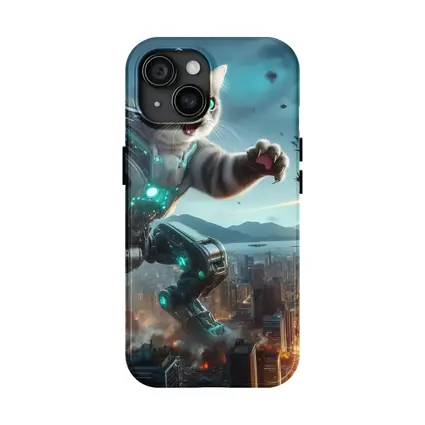 Giant Robot Cat Attacking Futuristic City Night