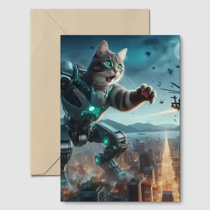 Giant Robot Cat Attacking Futuristic City Night