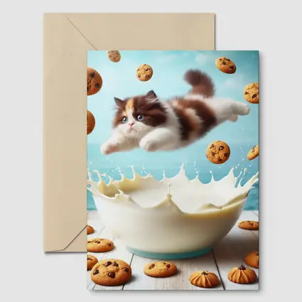 Persian Kitten Diving Into Milk Bowl