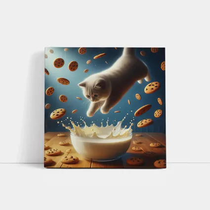 British Shorthair Kitten Diving Into Milk Bowl