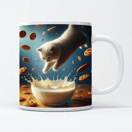 British Shorthair Kitten Diving Into Milk Bowl