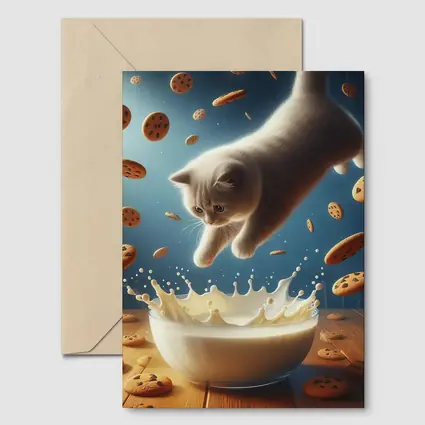 British Shorthair Kitten Diving Into Milk Bowl