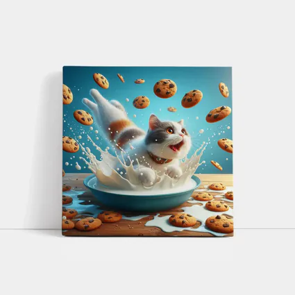 Playful Cat Splashing Milk With Flying Cookies