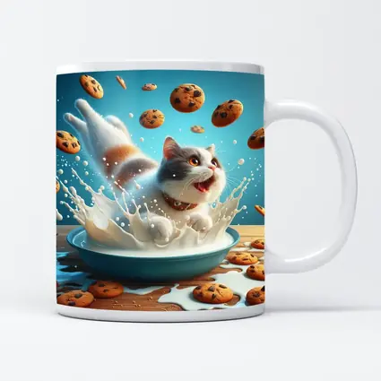 Playful Cat Splashing Milk With Flying Cookies