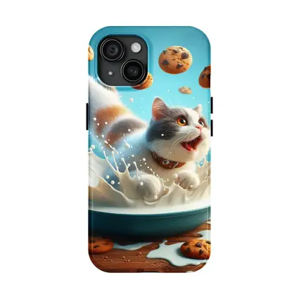 Playful Cat Splashing Milk With Flying Cookies