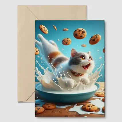 Playful Cat Splashing Milk With Flying Cookies