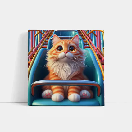 Orange Cat Riding Roller Coaster Cartoon Art