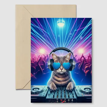 DJ Cat Spinning Decks Disco Party