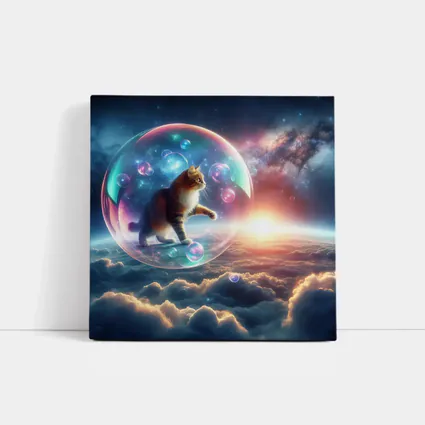 Cat Inside Bubble Floating Above Clouds