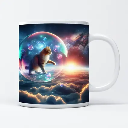 Cat Inside Bubble Floating Above Clouds
