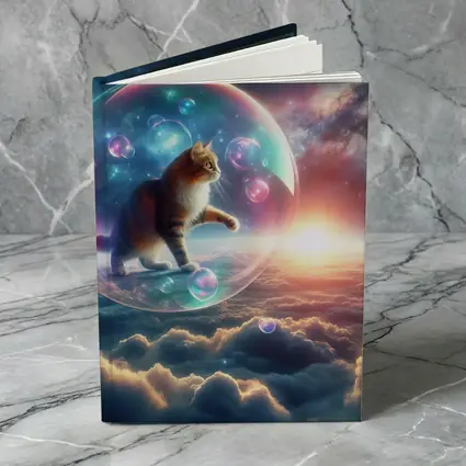 Cat Inside Bubble Floating Above Clouds
