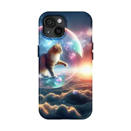 Cat Inside Bubble Floating Above Clouds
