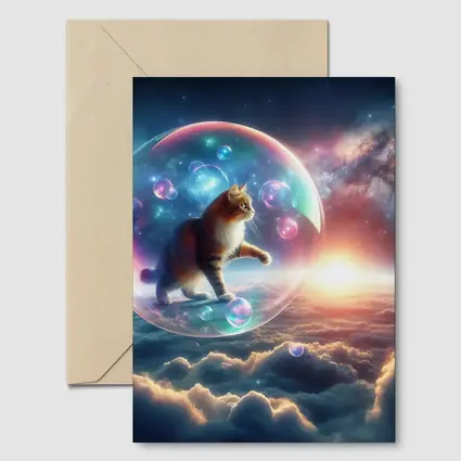 Cat Inside Bubble Floating Above Clouds