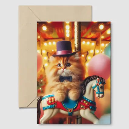 Fluffy Orange Cat Carousel Carnival Scene
