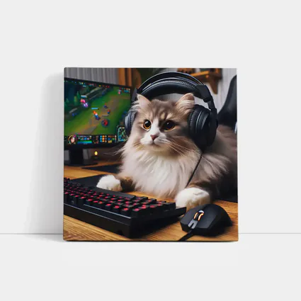 Fluffy Cat Gamer With Headset Gaming Setup