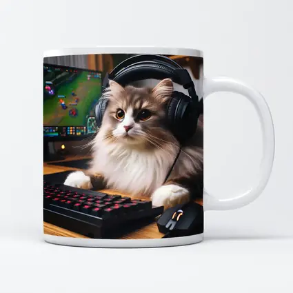 Fluffy Cat Gamer With Headset Gaming Setup