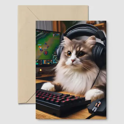 Fluffy Cat Gamer With Headset Gaming Setup