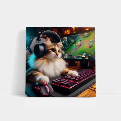 Fluffy Cat Gamer Playing at Gaming Setup