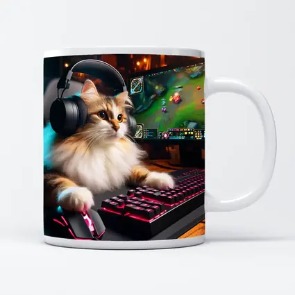 Fluffy Cat Gamer Playing at Gaming Setup