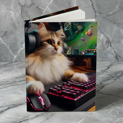 Fluffy Cat Gamer Playing at Gaming Setup
