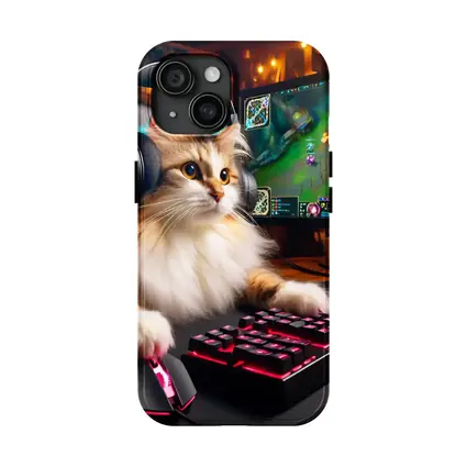 Fluffy Cat Gamer Playing at Gaming Setup