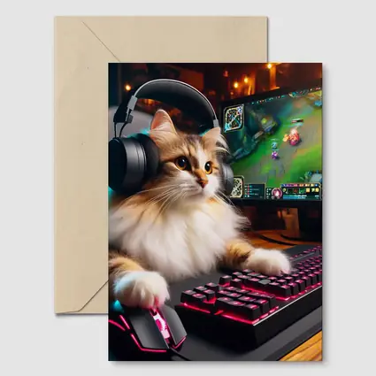 Fluffy Cat Gamer Playing at Gaming Setup