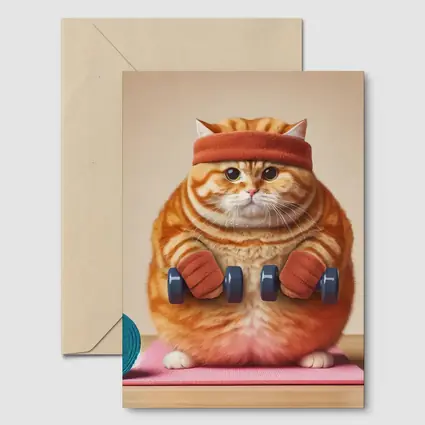Chubby Orange Cat Lifting Dumbbells Gym