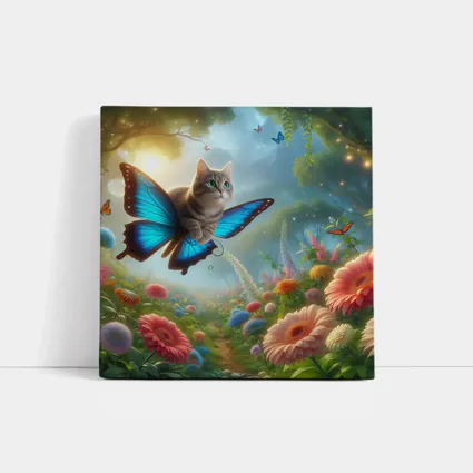 Cat Butterfly Wings Flying Over Fantasy Garden